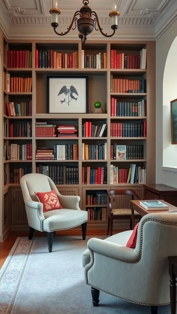 A cozy personal library with plush chairs, a chandelier, and shelves filled with colorful books.