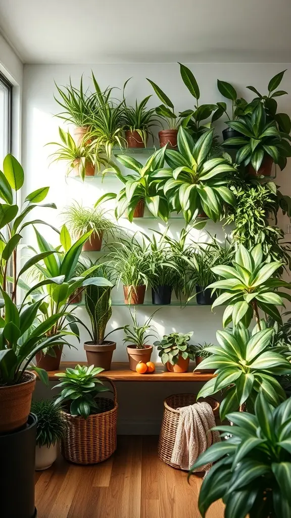 A well-lit live plant wall featuring various green plants in pots, creating a lush indoor garden.