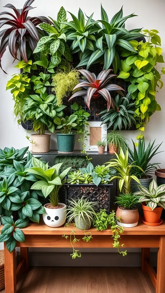 A vibrant live plant wall featuring various plants in pots, showcasing lush greenery and colorful foliage.