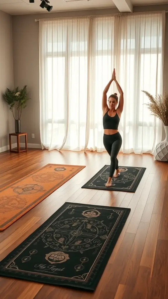 Elegant yoga mats with vintage prints in a bright room