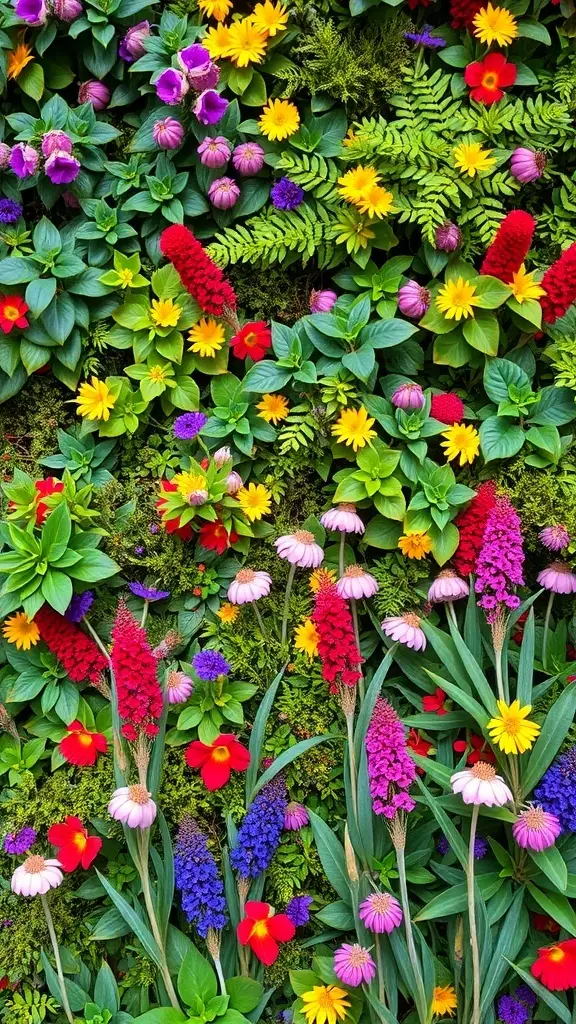 A vibrant live plant wall featuring a variety of colorful flowers and lush greenery.