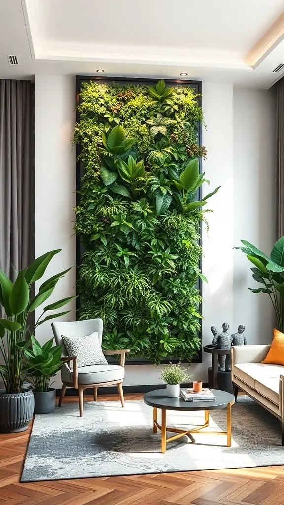 A vertical garden featuring a variety of lush green plants in a modern living room setting.