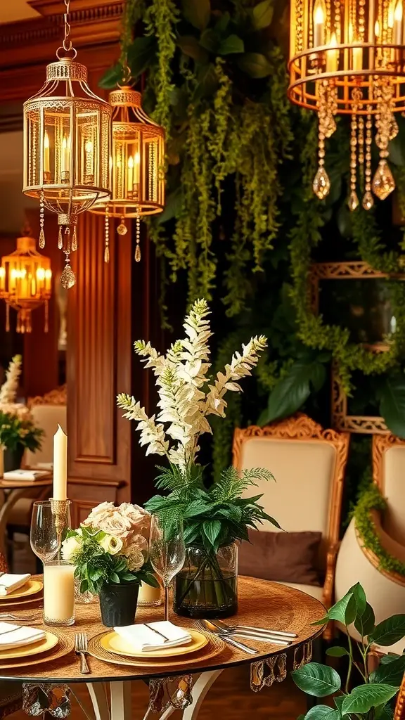 Elegant dining room with lush plants, chandelier, and a staircase, reflecting Gatsby glamour.