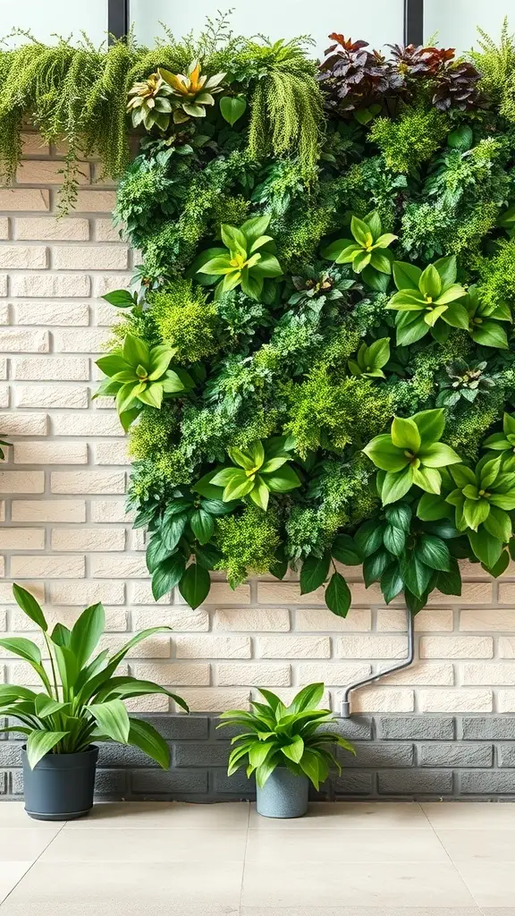 A vibrant live plant wall with various green plants against a brick wall, complemented by potted plants on the floor.