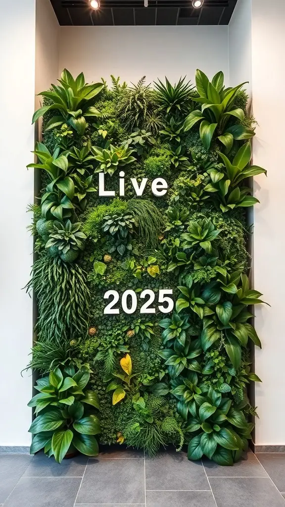 A vertical garden with various green plants and the words 'Live 2025' in white letters.