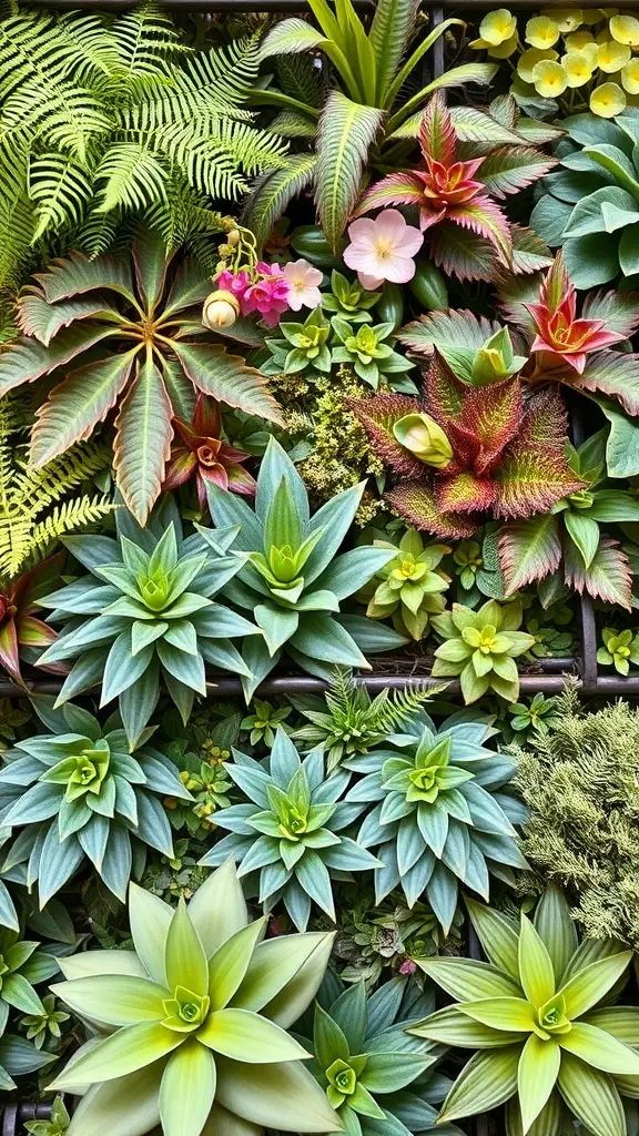 A vibrant live plant wall featuring various plant species, showcasing different shapes and colors.