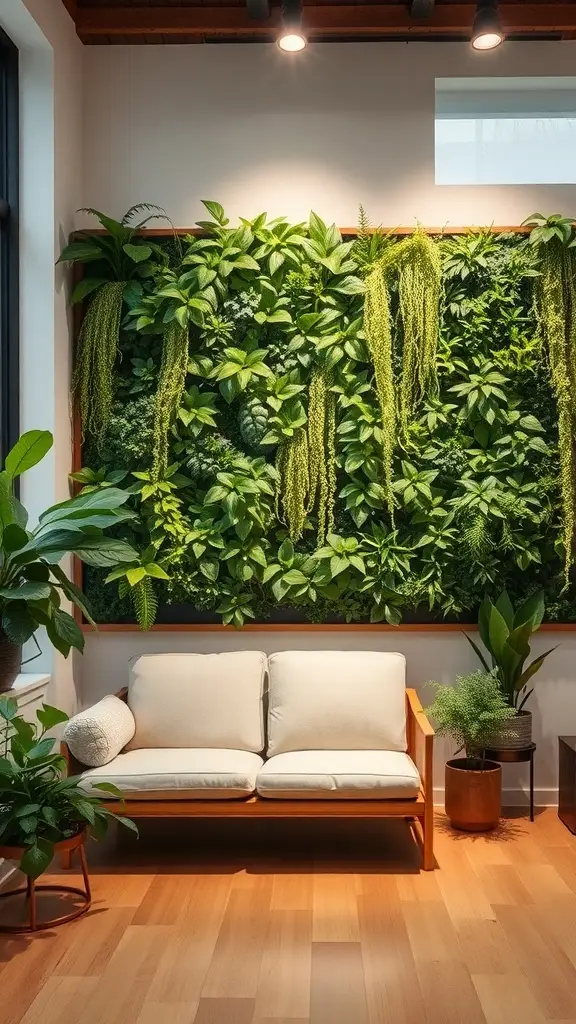 A lush green live plant wall with the text 'Pact The Pus Wignters' over it, surrounded by potted plants.
