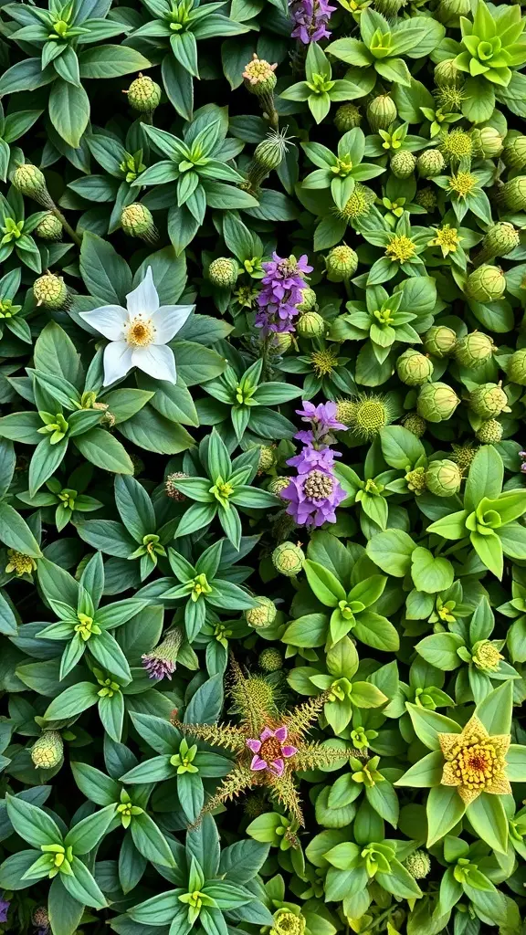 A vibrant display of various plants, showcasing both hardy and delicate species, perfect for live plant walls.
