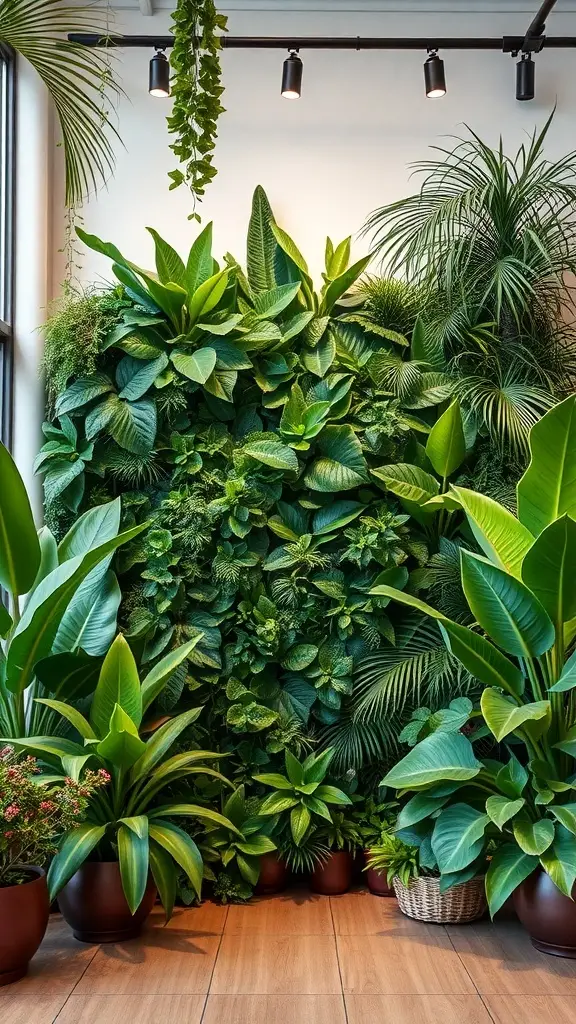 A vibrant indoor wall filled with various tropical plants, showcasing a lush green aesthetic.