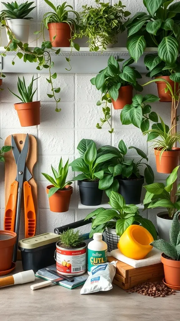 A collection of plant maintenance tools including scissors, pots, a watering can, and plant food, arranged around live plant walls.