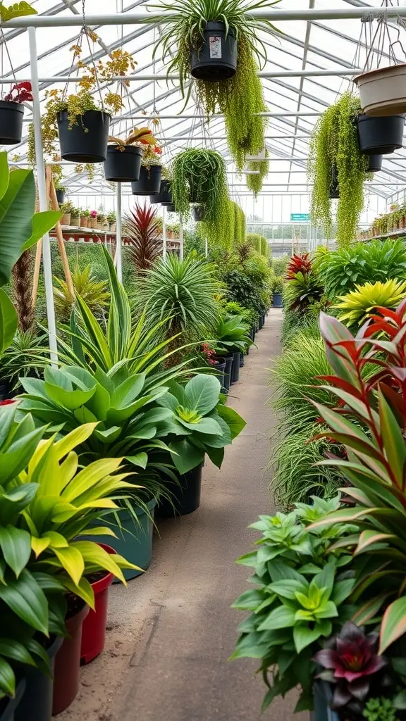 A vibrant greenhouse filled with various plants in pots, showcasing a variety of greenery.