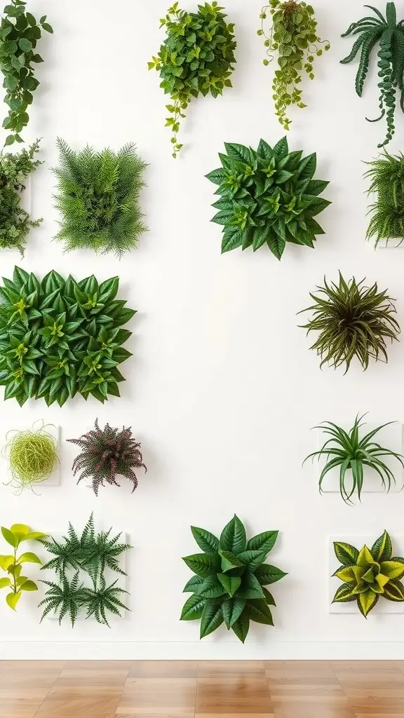 A wall adorned with various live plants in different shapes and sizes.