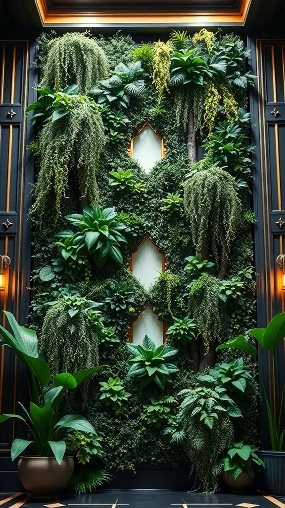 A vertical garden featuring lush greenery, including cascading vines and bold leaves, framed by elegant architectural elements.