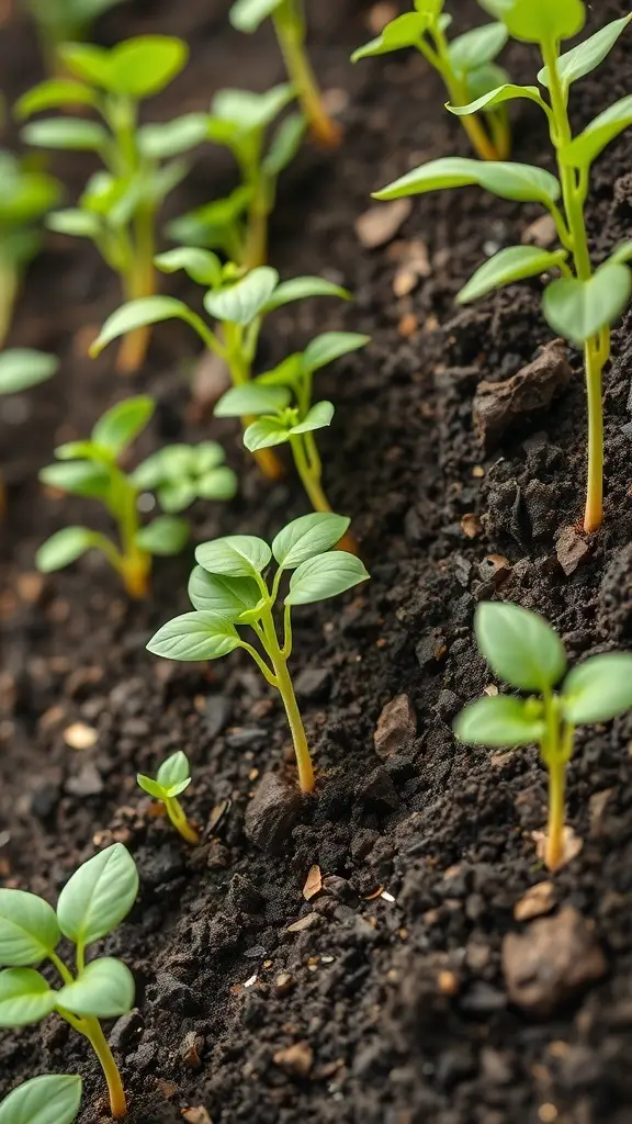 Close-up of young plants growing in dark, rich soil.
