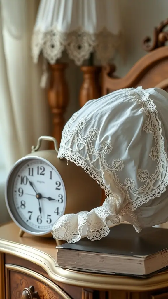 A vintage sleep cap with lace details on a bedside table next to a clock and books.