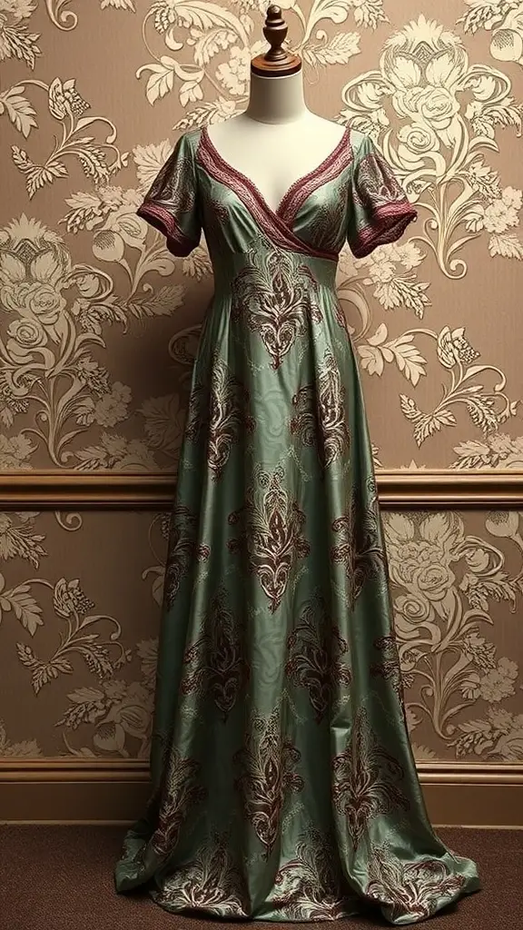 A green brocade nightgown with burgundy accents displayed on a mannequin against a floral wallpaper background.