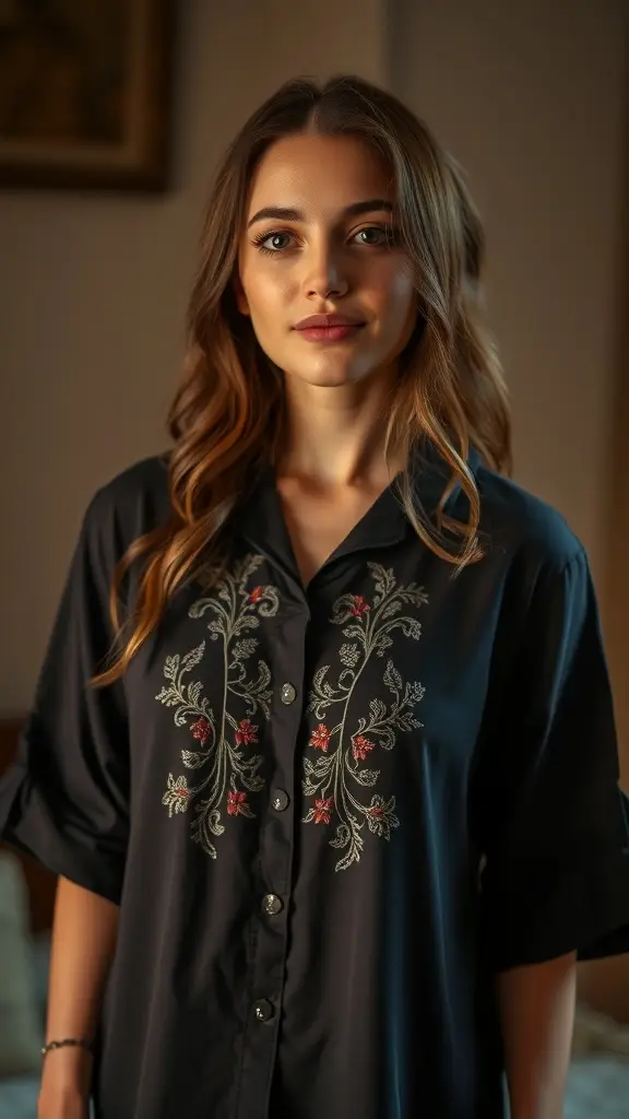 A classic 1920s inspired nightshirt hanging on a wooden hanger.
