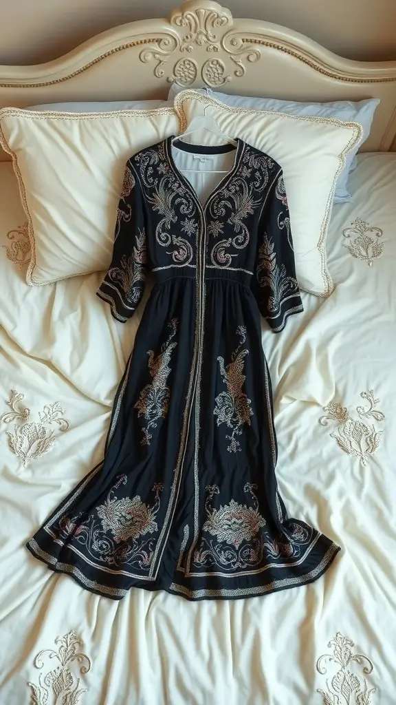 A black embroidered nightgown laid out on a bed with decorative pillows.