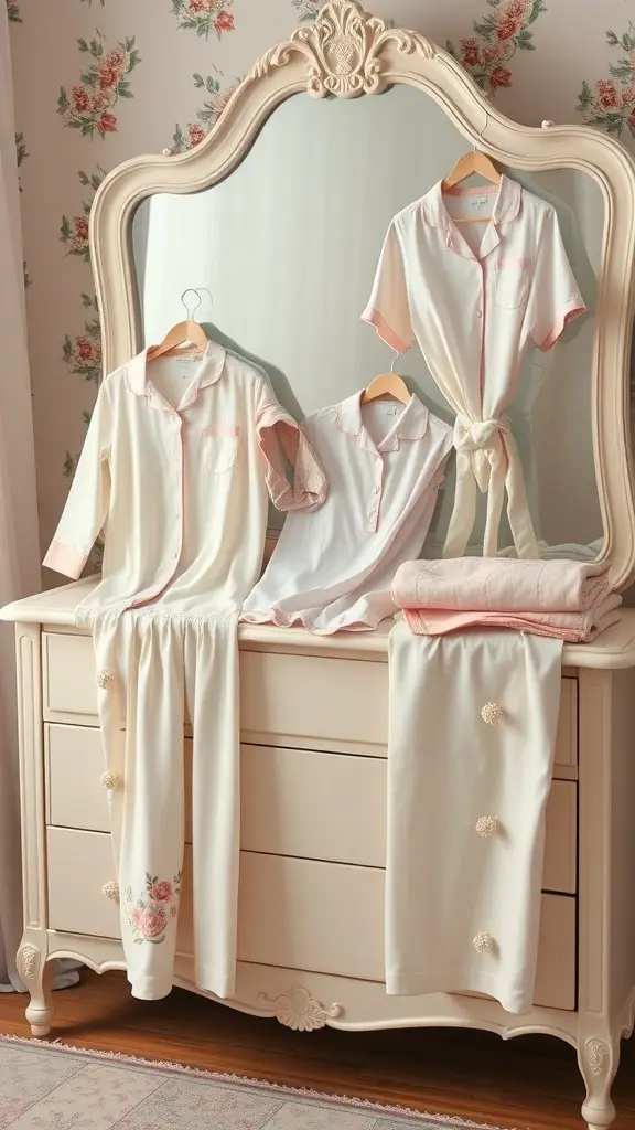 A collection of soft pastel sleepwear displayed on a vintage dresser, featuring light pinks and creams.