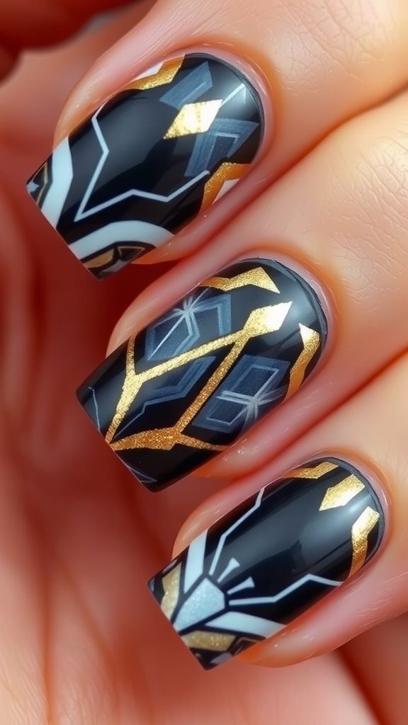 Art Deco Inspired Nail Art featuring geometric patterns in black, gold, and white.