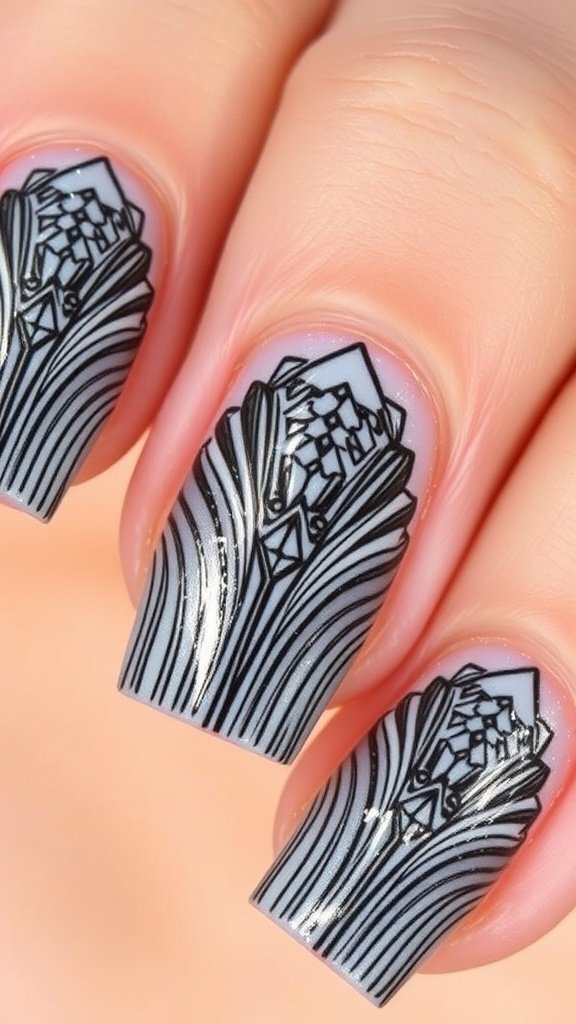 A close-up of nails showcasing intricate designs inspired by Art Deco style.