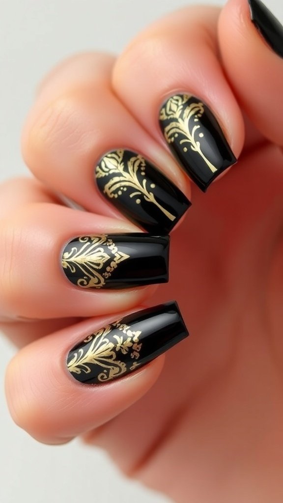 Nail art featuring black base with intricate gold designs, inspired by Art Deco style.