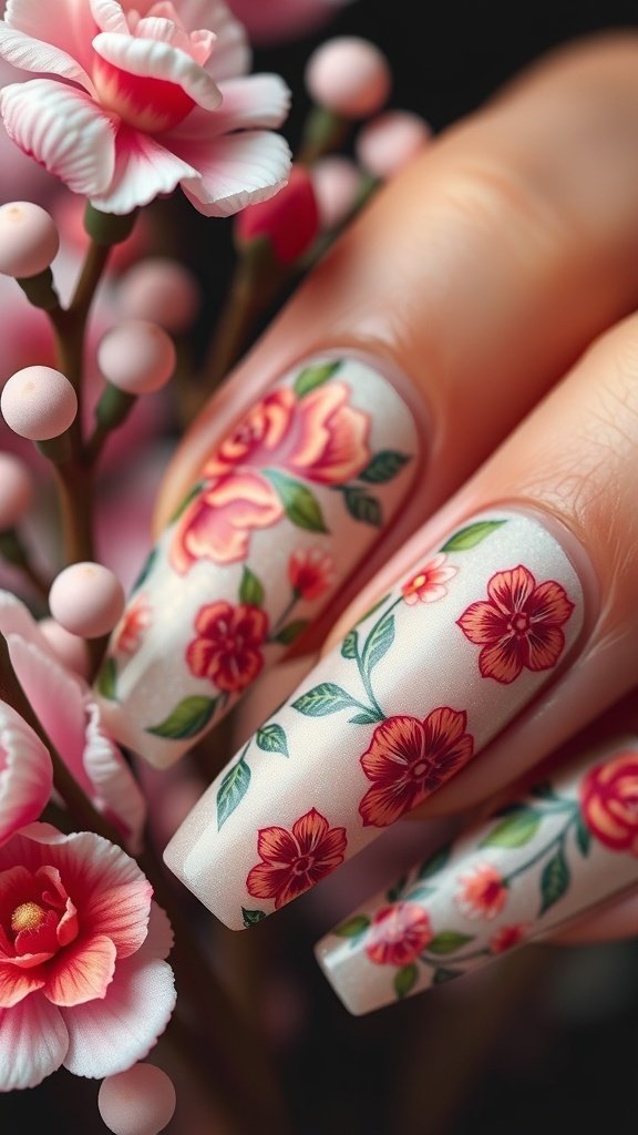 Nail art featuring floral motifs inspired by Art Deco style, with vibrant flowers on a neutral background.