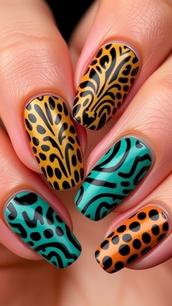 Close-up of hands with leopard print nail art on a beige background.