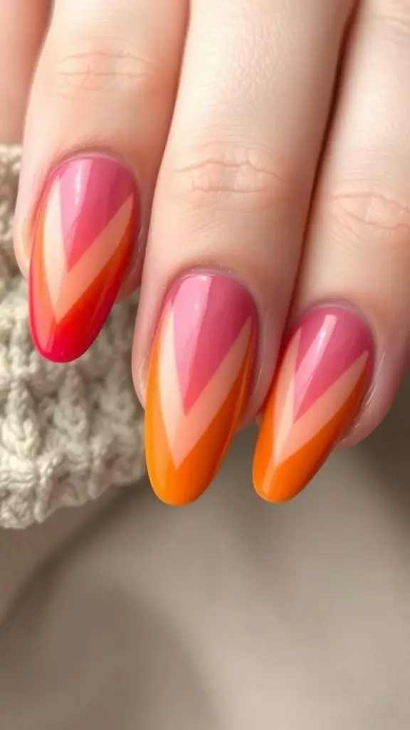 Close-up of a hand with ombre nail art transitioning from purple to pink, wearing a blue sweater.