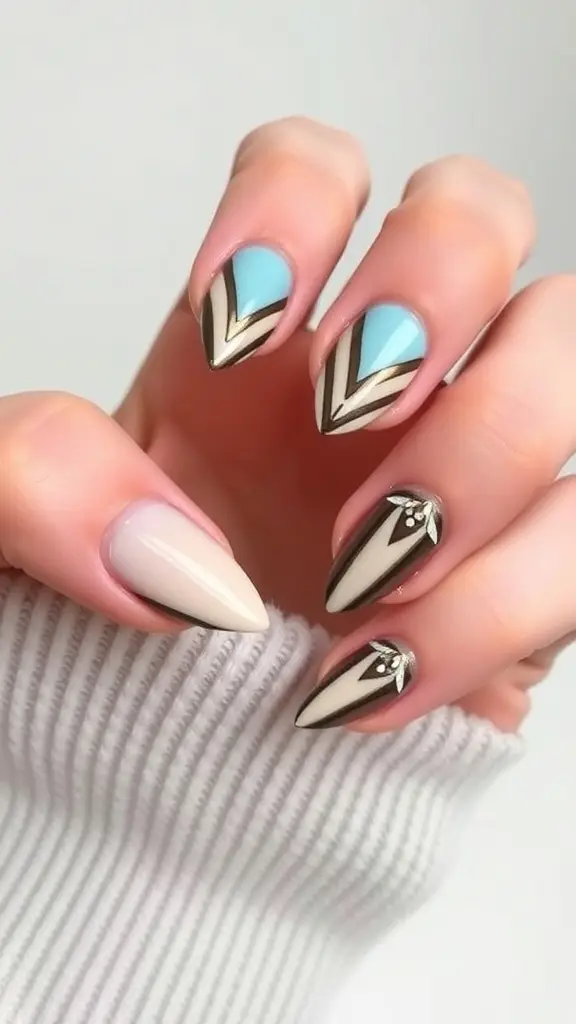 Art Deco inspired nail art featuring black and white designs