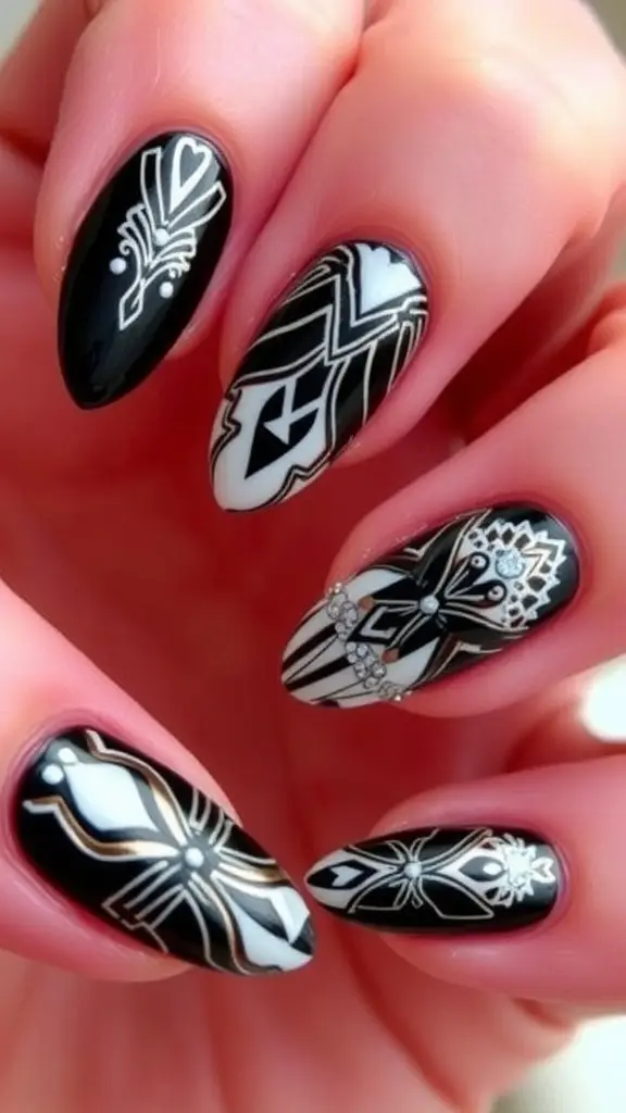 Art Deco inspired nail art featuring intricate designs in white and gold