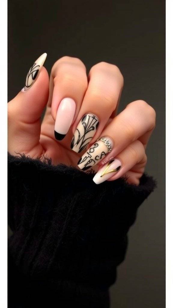 A collection of Art Deco inspired nail designs in various shapes and colors.