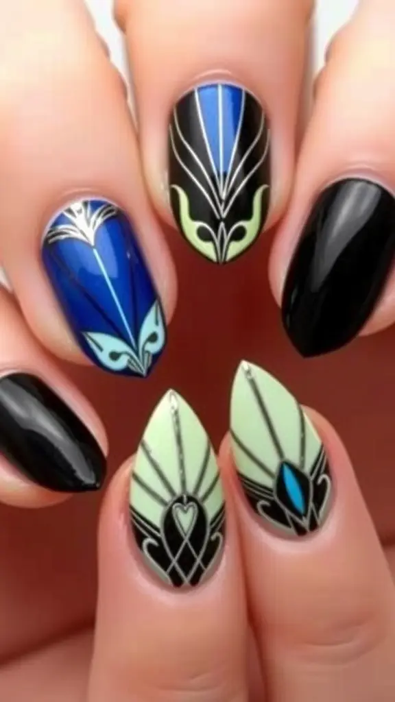 Art Deco inspired nail art featuring black tips, gold designs, and a white floral pattern.