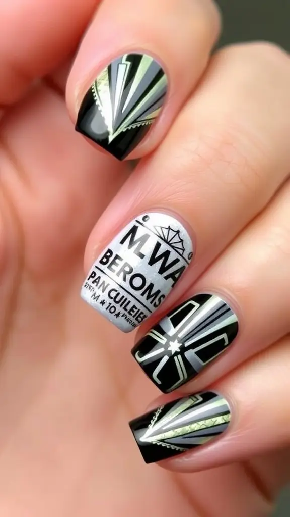 Nail art featuring bold letters in Art Deco style on a soft pink background.