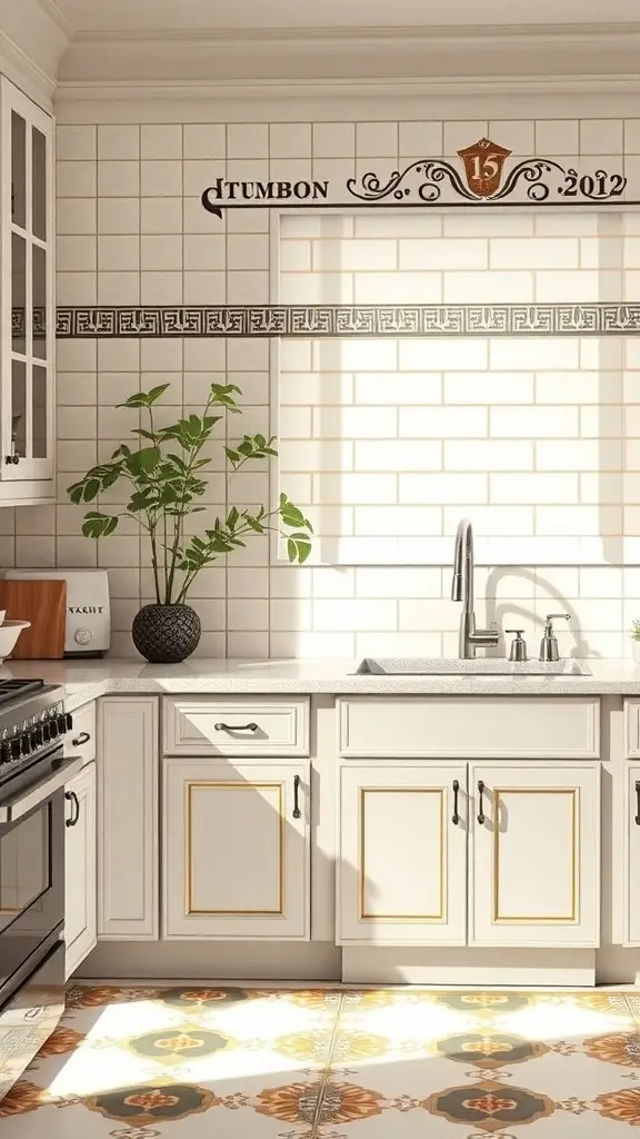 A stylish kitchen with Art Deco tile work, featuring a decorative border and patterned floor tiles.