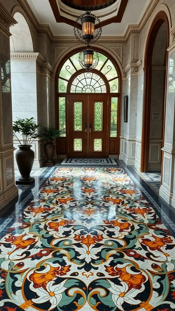 Art Deco inspired mosaic floor design with vibrant colors and intricate patterns in an elegant entryway.