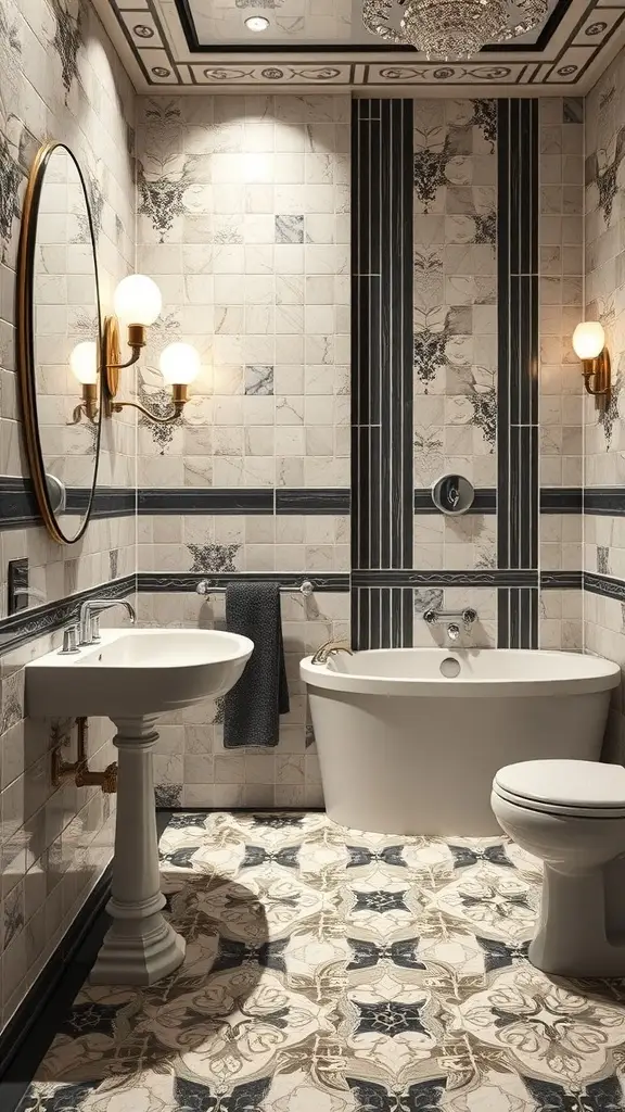 Art Deco styled bathroom with intricate tile work on walls and floor