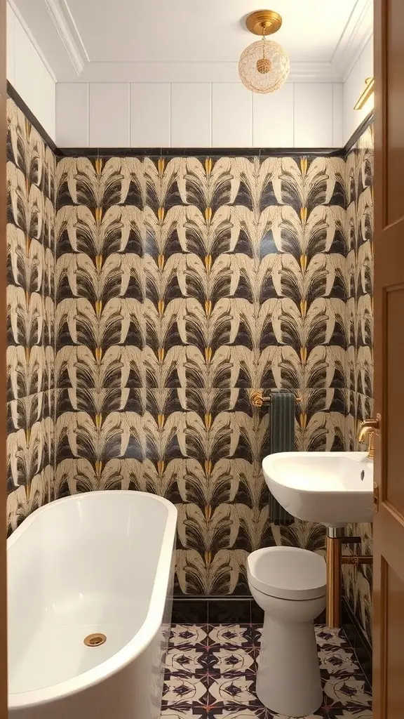 A stylish bathroom featuring Art Deco tile work with metallic accents in gold and white.