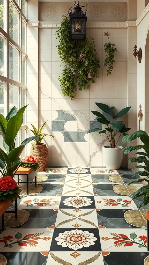 Art Deco floor and wall tiles featuring floral motifs in a bright room with plants.