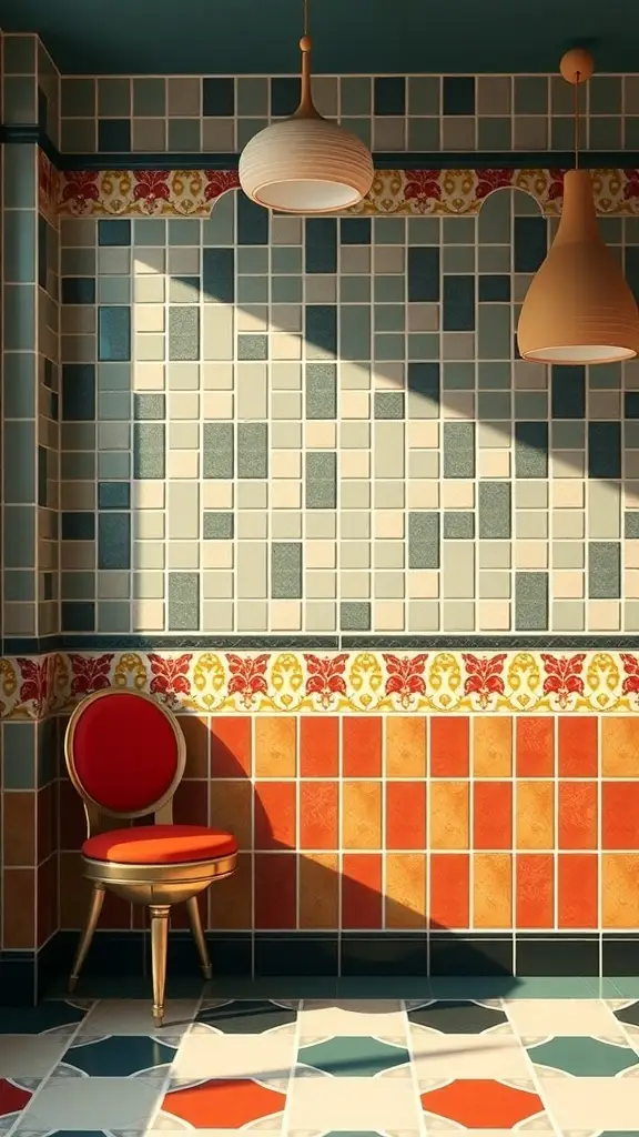 Art Deco tiled wall and floor with a red chair