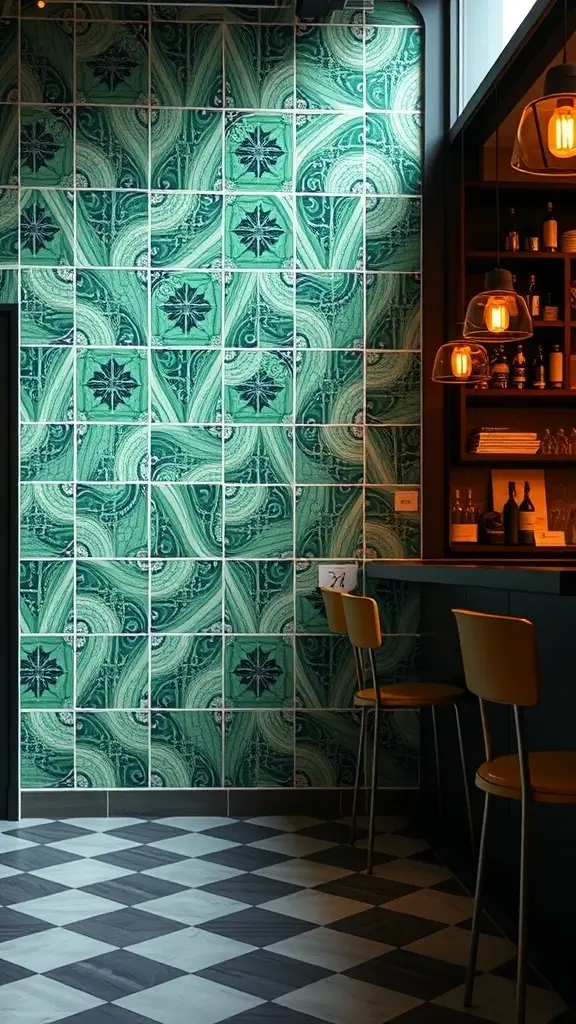 Art Deco inspired wall mural with intricate green and black tile patterns