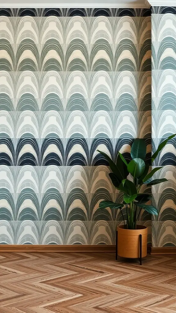 A modern interior featuring Art Deco style wall tiles in soft greens and blues, complemented by a wooden floor and a potted plant.