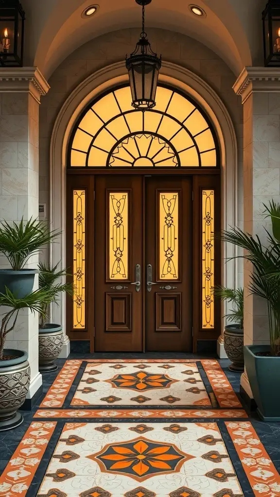 Art Deco tile work in an entryway with wooden doors and decorative lighting
