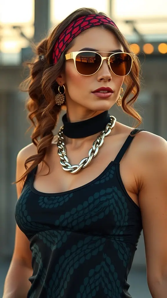 A stylish collection of workout accessories including dumbbells, a water bottle, and glamorous jewelry, inspired by 1920s Gatsby glam.