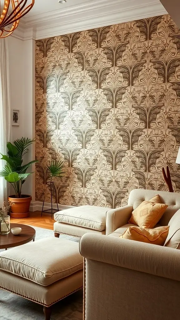 Art Deco style accent wall with intricate tile patterns in warm tones