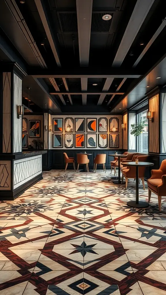 Interior featuring Art Deco floor tiles with graphic designs and stylish decor.