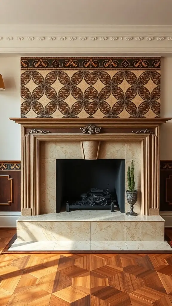 Art Deco tiled fireplace with intricate patterns and rich colors