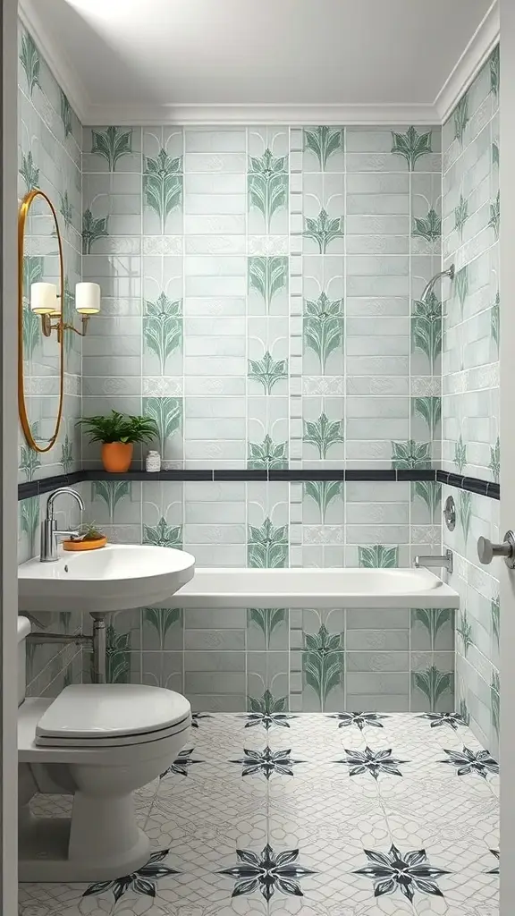 A small bathroom featuring Art Deco style floor and wall tiles with floral designs.