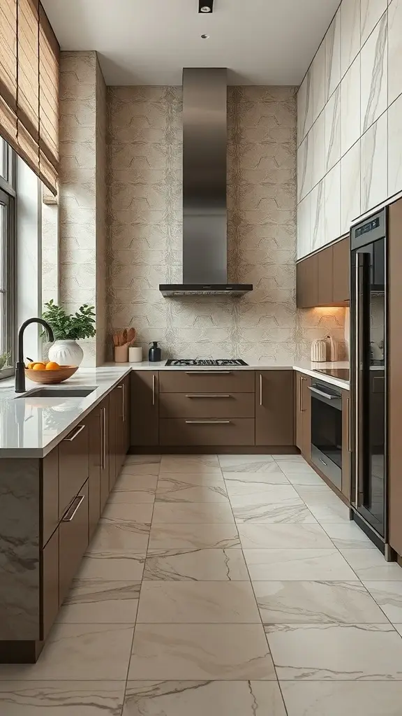 Modern kitchen featuring Art Deco tiles with natural stone finishes.