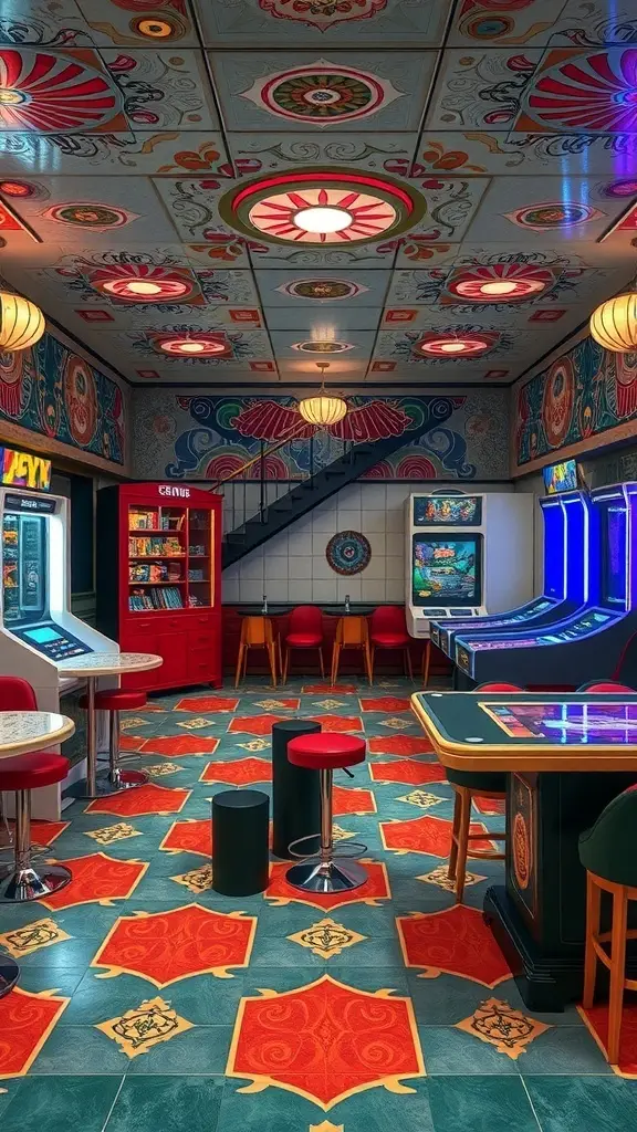 Colorful Art Deco tiles in a vibrant game room with arcade machines and cozy seating.